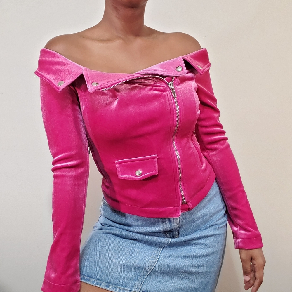 Hot pink velvet moto jacket style statement top